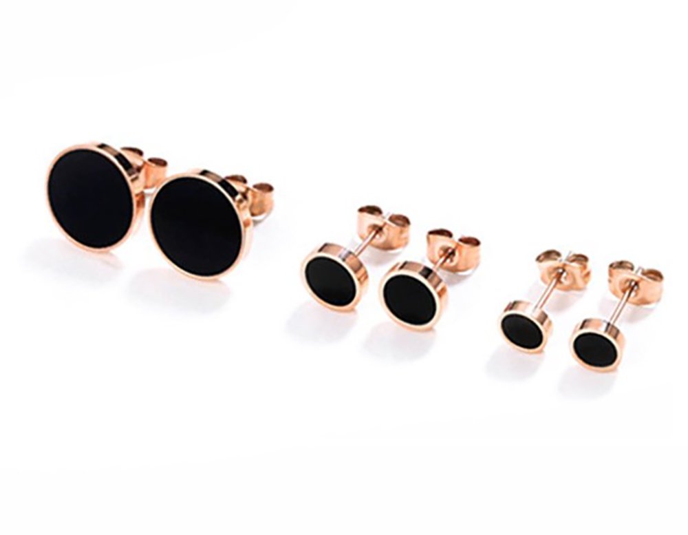 findout Ladies Rose Gold Plated Titanium Steel Elegant Simple Classic Round Black Agate 6mm 8mm 10mm 3 Pairs Stud Earrings Gift for Women Girls Child famliy or Friend Share (f1818)