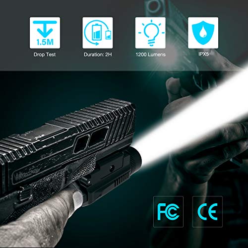 FLAGPOWER 1200 Lumens Rail Mounted Compact Pistol Light LED Tactical Gun Flashlight for Picatinny MIL-STD-1913 and Glock Pistol Weapon Light with Cree XML2 LED 2 x CR123A Lithium Batteries