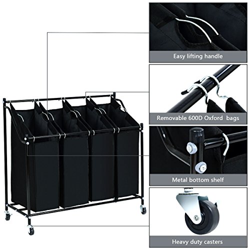4 Bag Laundry Rolling Sorter Cart Hamper Organizer Compact Basket Heavy Duty
