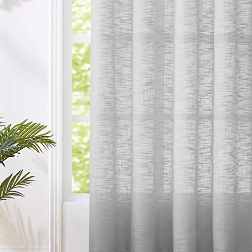 Linen Grey Sheer Curtains 84" Sliding Door Curtain Living Room Semi
