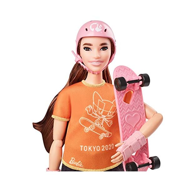Barbie GJ78 - Olympische Sommerspiele Tokyo 2020 Skateboarderin Puppe mit Outfit, Tokyo 2020-Jacke, Medaille, Skateboard, Handgelenk- und Knieschonern,Spielzeug für Kinder ab 3 Jahren – Bild 3