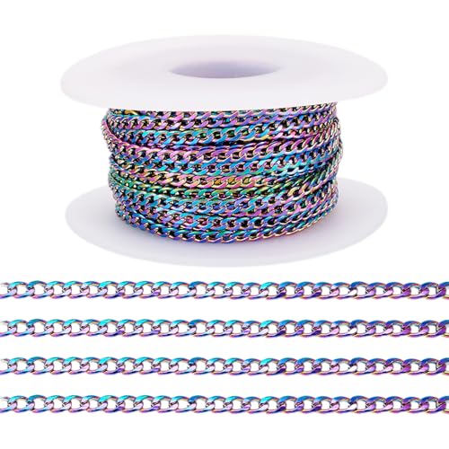 Craftdady 32.8 Feet Stainless Steel Twisted Curb Chain Link Multi-Color Unwelded Cable Cross Chain 4.5x3mm with Spool for Jewelry Pendant Necklace Bracelet Making