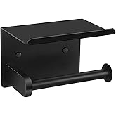 Toilet Paper Holder with Shelf, Matte Black Toilet Paper Holder Wall Mount, Screw or Self Adhesive Toilet Paper Holder, Bathr