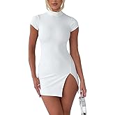 NADIA FRACA Women's 2024 Summer Sexy Short Sleeve Mock Neck Cut Out Backless Side Slit Drawstring Bodycon Mini Dress Clubwear