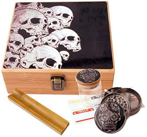 Skull Design - Large size Sacred Geometry Stash Box with Latch, Grinder & Pop Top Glass Jar Package & Free Accessories Item# LBCS020818-6