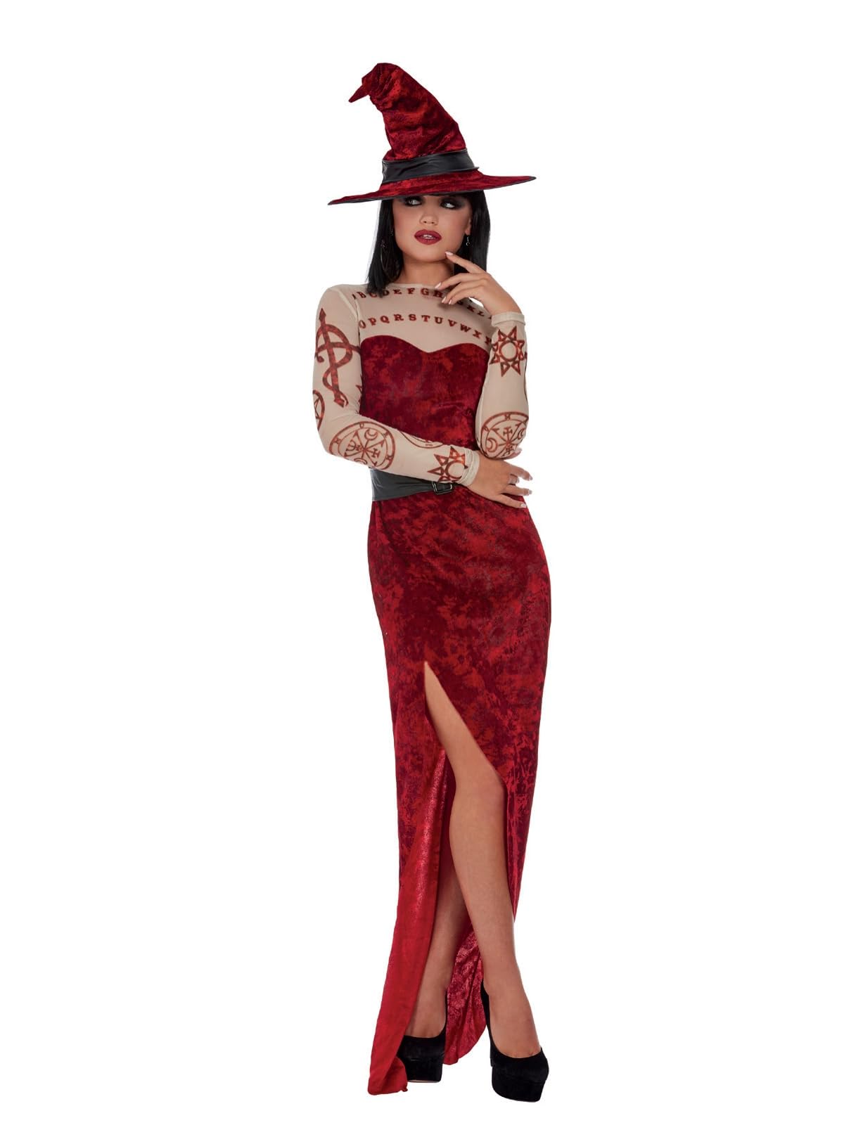 Smiffys Satanic Witch Costume, Red Dress, Belt & Hat, Halloween Adult Fancy Dress, Witch Dress Up Costumes