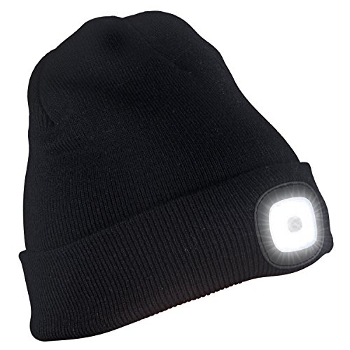 Tagvo USB Rechargeable LED Beanie Cap, Lighting and Flashing Alarm Modes 8 LED Hands Free Flashlight, Easy Install Quick Release Headlamp Beanie, Unisex Winter Warmer Knit Cap Hat - Black