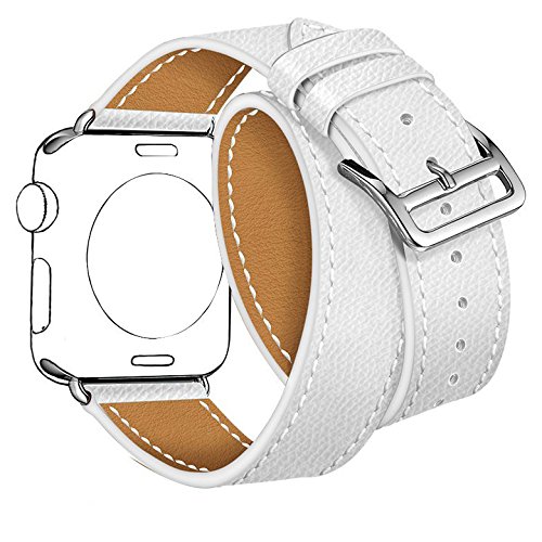 Maxjoy for Apple Watch Band, Genuine Leather Watchband 42mm 44mm for iWatch Strap with Metal Clasp Adapters Replacement Bracelet for Apple Watch Series 4 3 2 1 Sport Edition, Double Tour Cuff (White)