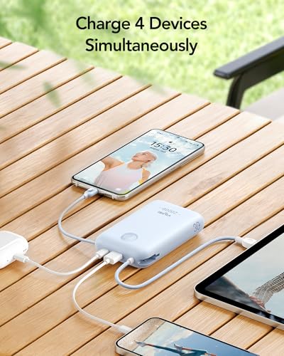 VIYISI Power Bank 20000mAh 30W Fast Charging Portable Charger with Built-in Cables & LED Display, USB C Battery Pack for iPhone, Samsung, iPad and Android Phones, Ideal for Travel -Light Blue