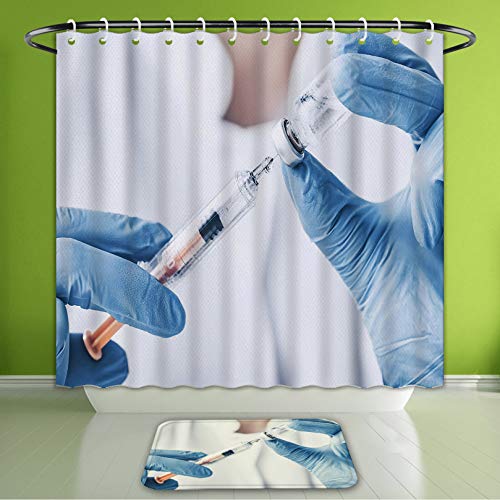 Waterproof Shower Curtain and Bath Rug Set Injecting Injection Vaccine Vaccination Medicine Flu Man Doctor Insulin Health Bath Curtain and Doormat Suit for Bathroom Extra Long Size 72"x78" & 32"x20"
