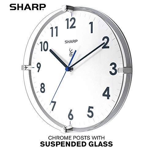 Sharp Atomic Analog Wall Clock 10.5” Suspended Glass Face Atomic Clock Sets Automatically
