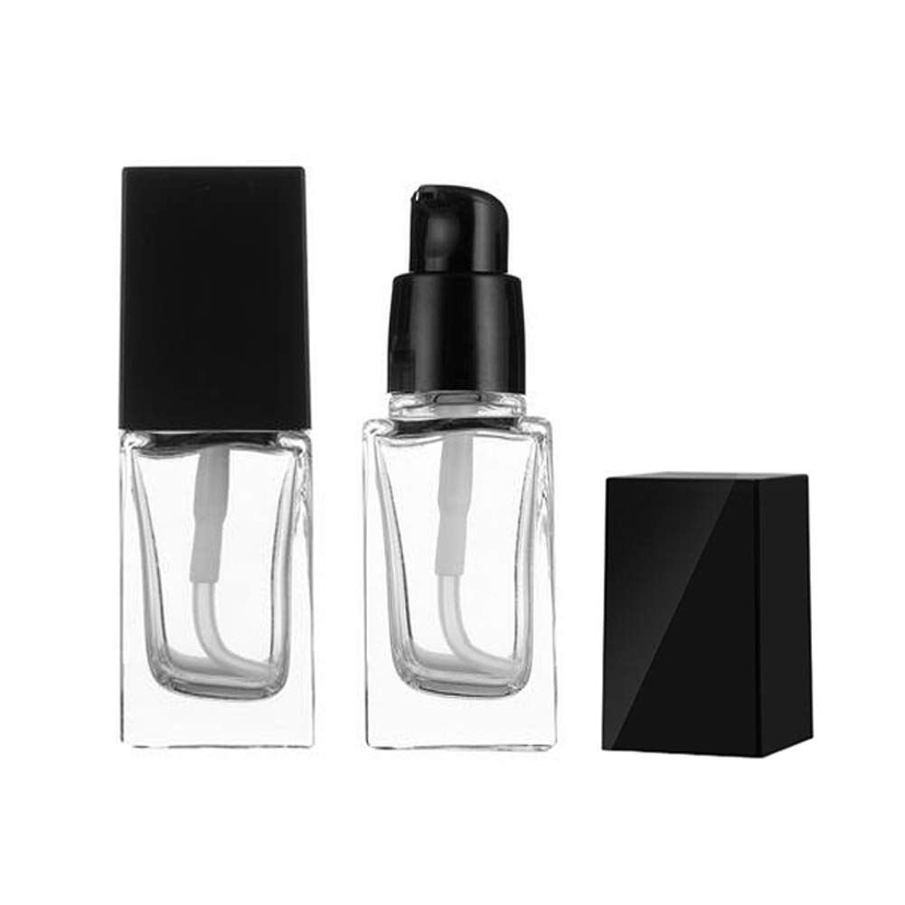 2Pcs 20ml/0.7oz Empty Square Clear Glass Pump Bottle Lotion Dispenser with Black Lid Refillable Portable Foundation Bottle Makeup Cosmetic Container Holder for Lotion Essence Emulsion Serum