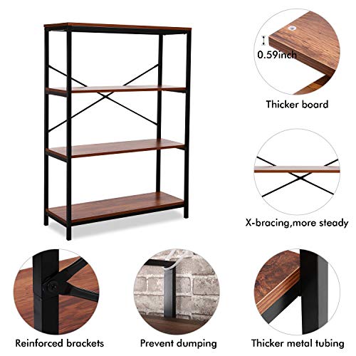3-Shelf Industrial Bookshelf, Wood and Metal Bookcase, Open Wide Home Office Book Shelf Free Vintage Standing Storage Shelf Units