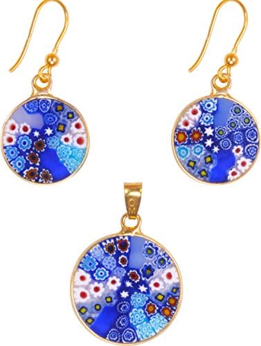 Millefiori Earring/Pendant Set, Handmade in Murano, Gold Plated Sterling 925 Imported from Italy