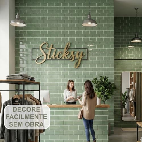 Placa Pastilha Adesiva Resinada 3D Sticksy Revestimento Decorativo Impermeável para Cozinha Banheiro (Verde Subway - 30,5 x 26 Cm)