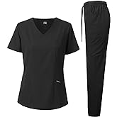 Dagacci Medical Uniform Women's Scrub Set 4-Way Stretch Y-Neck Stitch Tape Top and Pants