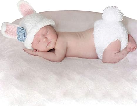 Amazon Co Jp 赤ちゃんの写真の服 赤ちゃんウサギの写真コスチューム新生児かぎ針編みニット帽子おむつセット 100日 記念写真 写真撮影用 出産祝い ホーム キッチン