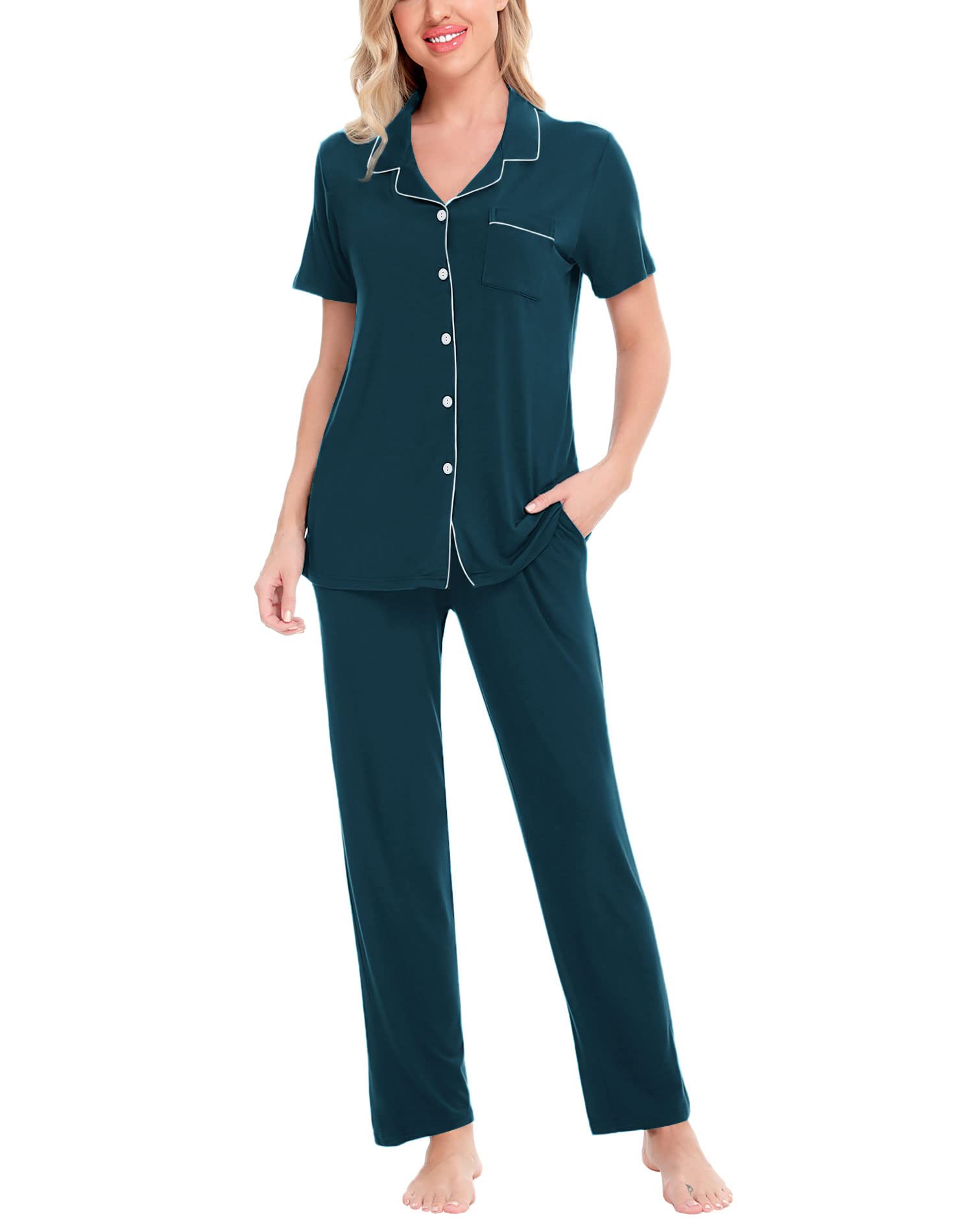 SWOMOG Women Pajama Sets Two-Piece Nightwear Short Sleeve Sleepwear Button Down Pj Lounge Sets with Long Pants Dark Blue Image