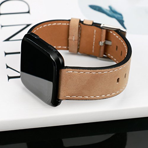Leather Band for Fitbit Versa, UNEXTATI Genuine Leather Watch Replacement Strap with Metal Buckle, Fitbit Versa Wristband Accessories - Apricot