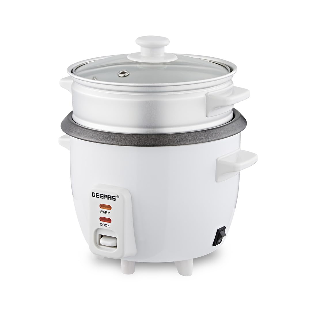 GEEPAS Rice Cooker with Steamer | Keep Warm Function | Automatic Cooking Non-Stick Inner Pot | Make Rice & Steam Healthy Vegetables | Includes Measuring Cup, Spatula & Tempered Lid (0.6L- 300W)