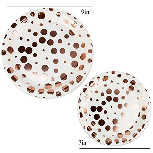 352 Piece White with Pink & Rose Gold Foil Polka Dot Party Supplies Set Including Plates, Cups, Napkins, Forks, Knives, Spoons and Tablecloths, Serves 50