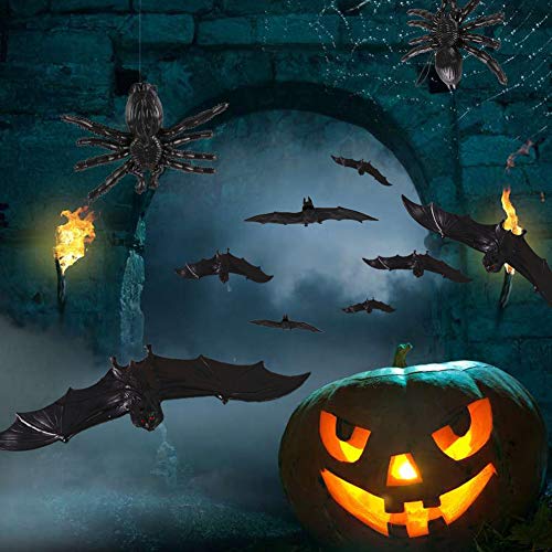 HAKACC Halloween Fledermäuse, 4 Stück Hängende Fledermäuse und 2 Stück Halloween Spinne Hängende Spinne Spuk-Gummi für Halloween Party Dekoration Kostüme