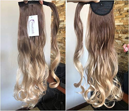 20" Synthetic Wavy Curly Ombre Wrap Around Ponytail Clip in Hair Extensions Hairpieces (Wavy-Medium brow to blonde)