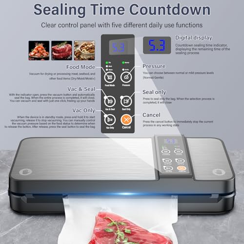 8 in 1 Vacuum Food Machine, Professional 80KPA Fast Vacuum and LED Digital Display, Storage Rolls with Cutter for Fresh Dry and Wet Food Bags (Silver)