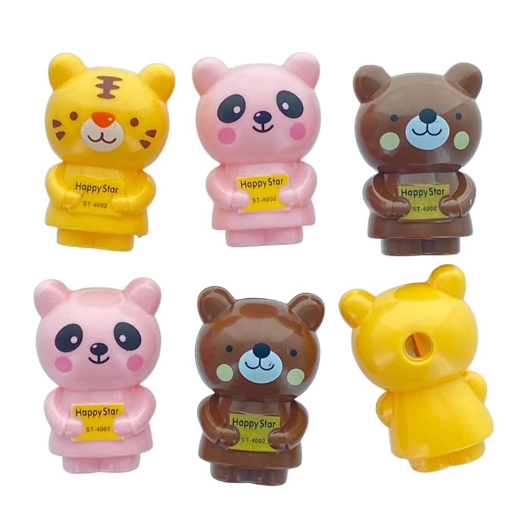 Cute Animal Shape Sharpeners - Tiger, Bear & Pink Panda (6 Packs)