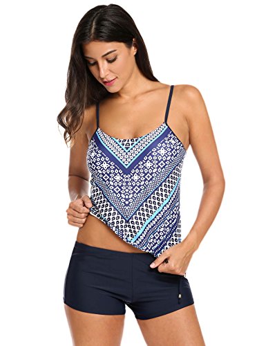 Ekouaer Womens Two Piece Swimsuit Sports Tankini Top Board Shorts Bikini Set (Dark Blue, L) Ekouaer Womens Two Piece Swimsuit Sports Tankini Top Board Shorts Bikini Set (Dark Blue, L)