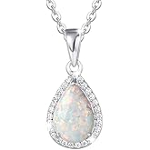 FANCIME October Birthstone Necklace Sterling Silver White Opal Necklace Fire Opal Halo Waterdrop Teardrop Pear Shape Opal Pendant Fine Opal Jewelry for Women