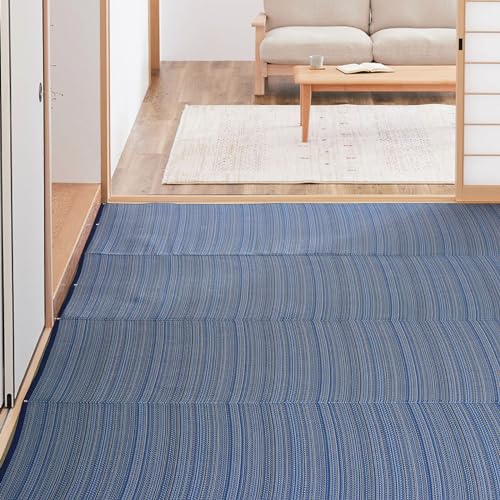 萩原 洗える い草風カーペット ブルー 江戸間8畳 約348×352cm 「ライアン」 和モダン 日本製
