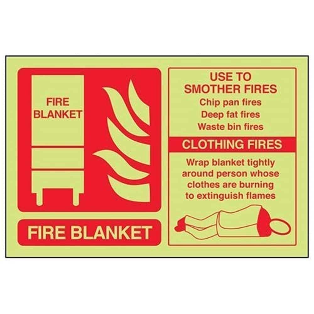 V Safety Glow in the Dark Fire Blanket Id Fire Extinguisher Sign - 200 mm x 150 mm - Self Adhesive Vinyl Safety Sign