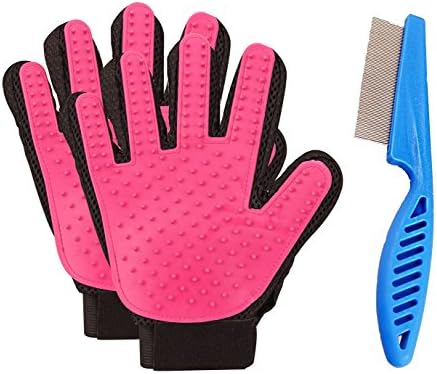 Pet Grooming Glove Pet Brush Hair Remover Brush 5 finger Deshedding Glove Massage Bath Brush Tool Perfect for Dogs &amp; Cats with Long &amp; Short Fur(1 pair right hand and 1 Pet Comb)