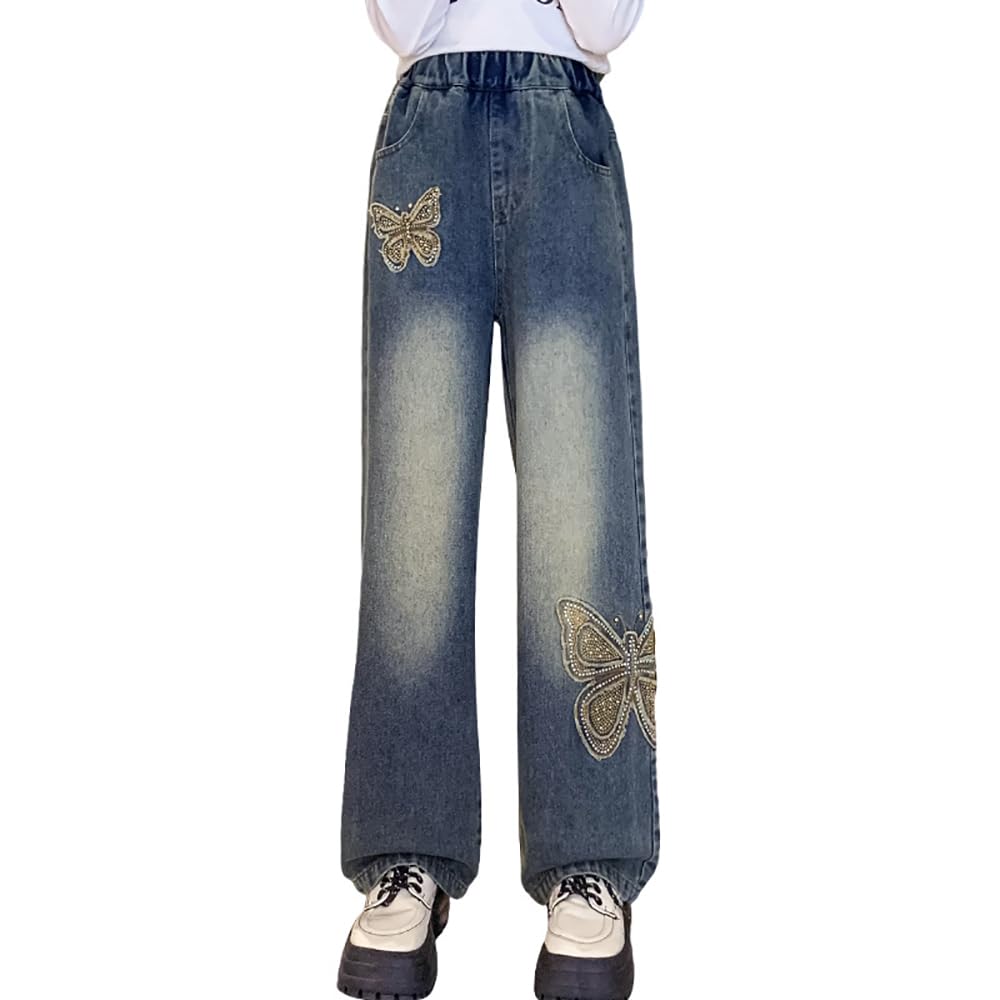 Photo 1 of Peacolate 4-10Years Little Girls' Butterfly Embroidered Flared Jeans Retro Pants for Big Girls(Butterfly,9-10Y)