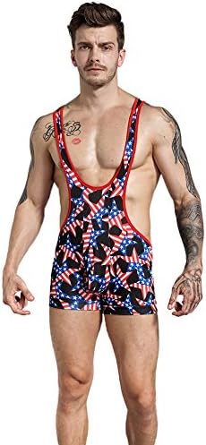 Men's American Flag Wrestling Singlet Jockstrap Jumpsuit Soft Smooth Sports Bodysuit Underwear