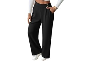 EVALESS Womens Wide Leg Work Pants Straight Elastic High Waisted Double Button Trousers Business Casual Pants with Pockets