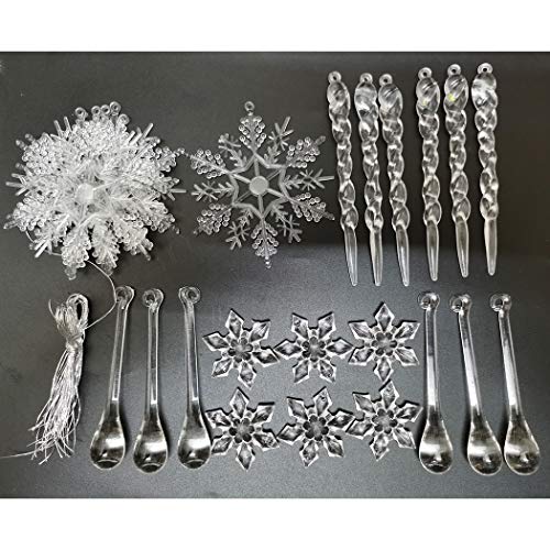 Outgeek 24 Pcs Poinsettia Christmas Flower Decoration and Icicles and Fixing Clip Set Christmas Glitter Artificial Flowers Red Christmas Tree Ornament