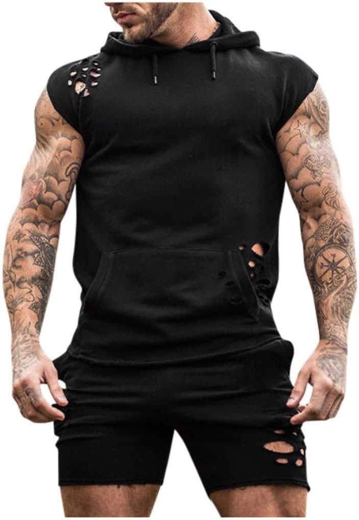 Mens Sport Sets Spring Summer Casual Two Piece Tank Tops Pants Outfits Male Hoodie Tops Ripped Shorts Suit