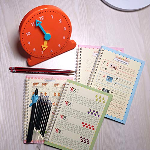 English Magic Practice Copybook for Kids, 4 Pieces Reusable Writing Practice Book Set, Magic Calligraphy Tracing Copybook, for Kid Learning Alphabet, Number, Mathematics, Drawing (Contains Pen)