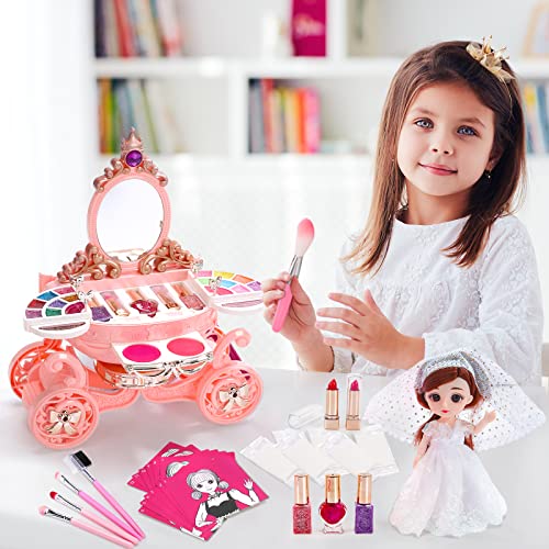 EveStone Kids Makeup Kit for Girl, 3 in 1 Play Makeup Set with Washable Non-Toxic Cosmetic, Princess Doll, 51PCS Real Make Up Toys Birthday Gift for Toddler Children Age 3-4-5-6-7-8-9 Year Old