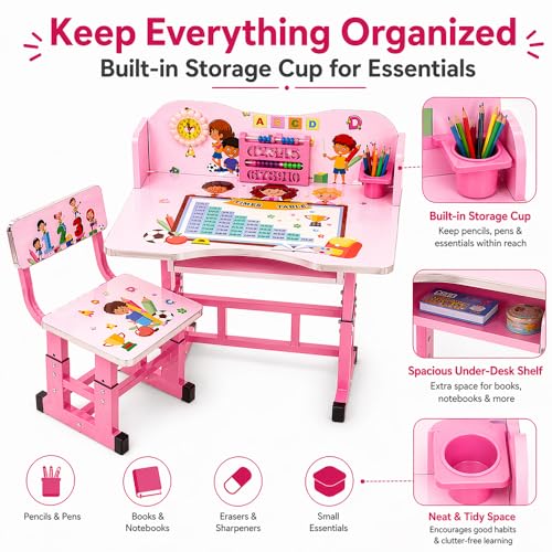 Toshionics Adjustable Kids Study Table & Chair Set | Egonomic Study Desk with Learning Board & Clock, Adjustable Height School Desk with Storage Cup Tiltable Desktop for Kids 3-15 - Pink