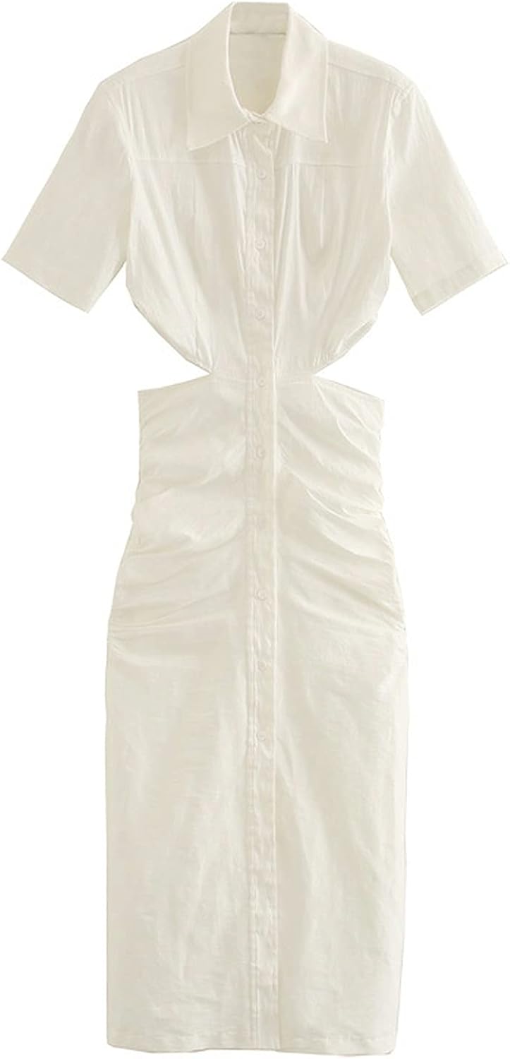 Amazon.com: White Shirt Dress Pleated Backless Chic Stylish Long Dress Single Button Short 