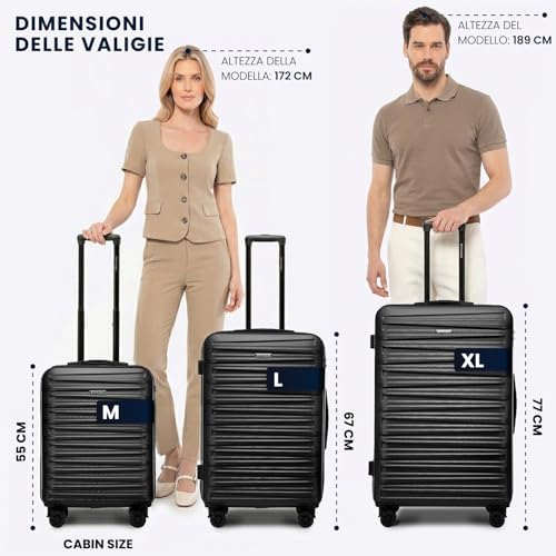 Skyspeed Line Set di 3 valigie Valigia da viaggio Rolling Trolley Bagaglio a mano rigide in ABS con serratura a combinazione Manico telescopico 4 ruote Nero Ryanair/ITA Airways