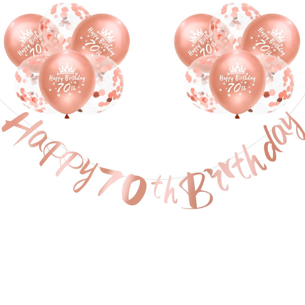 Happy 70th Birthday Banners Rose Gold Women 70th Birthday Banner Bunting Personalized Including 12 Pack 12” Latex Printed Balloons Women 70 Decorations Supplies
