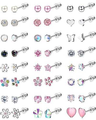 YADOCA 24Pairs Hypoallergenic Earrings for Girls Women - 𝑺𝒖𝒓𝒈𝒊𝒄𝒂𝒍 𝑺𝒕𝒆𝒆𝒍 Screw Back Earring Cute Kids Baby Toddler Earrings 4mm Tiny Screwback Flat Back Stud Earring Set Age: Over 3 Years Old
