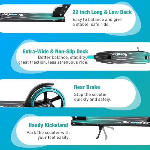 BELEEV Scooter for Kids Ages 6+, 200mm Big Wheel Adult Scooters for Boys and Girls, 4 Adjustable Handlebar, Front Suspension, 2 Wheels Scooter with Carry Strap, up to 100Kg