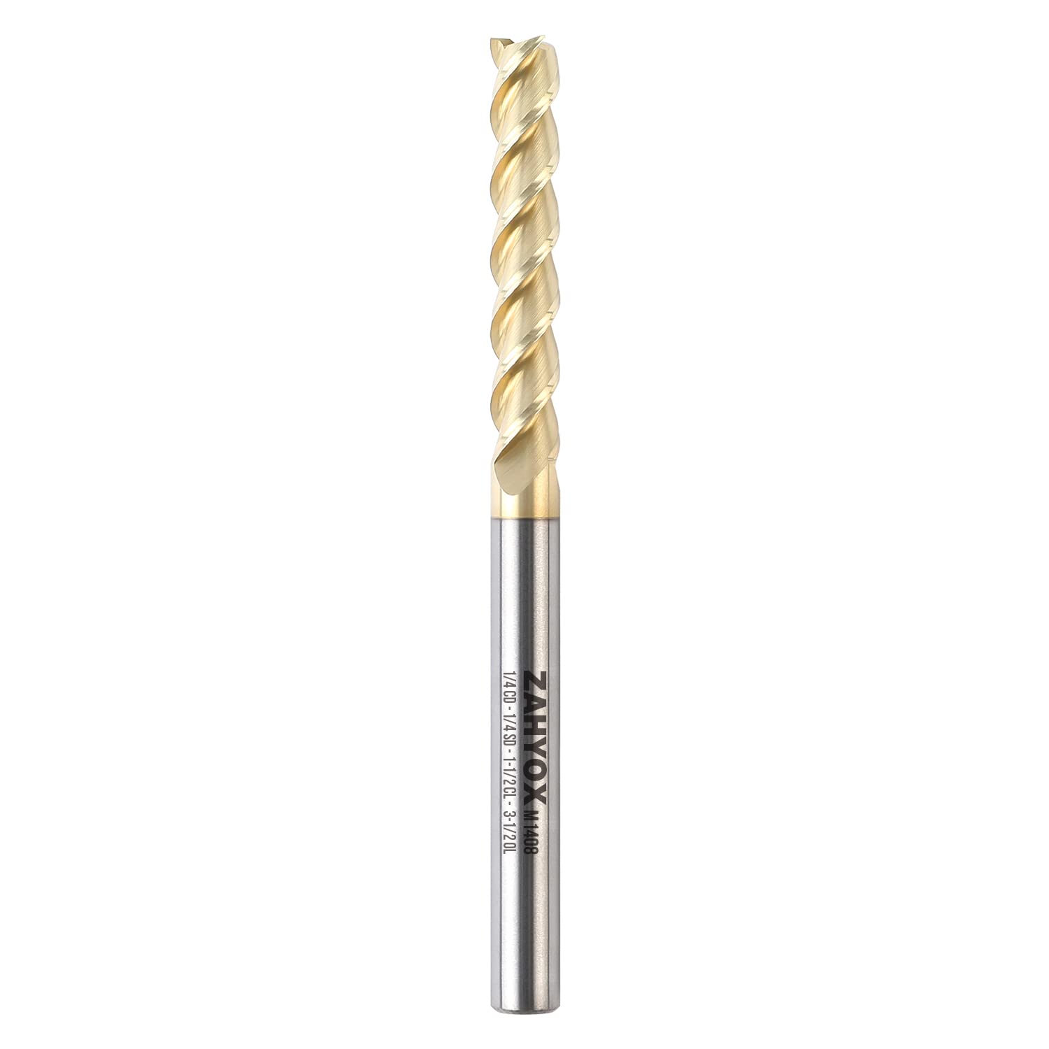 ZahyoX 3 flutes ZrN coated square shank cutter for aluminium, solid carbide upcut spiral CNC cutter, 1/4 inch diameter, 1/4 inch shank, 1-1/2 inch cutting length, 3-1/2 inch total length