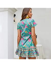 Exlura - Mini vestido de manga corta para mujer, diseño floral bohemio, cuello en V