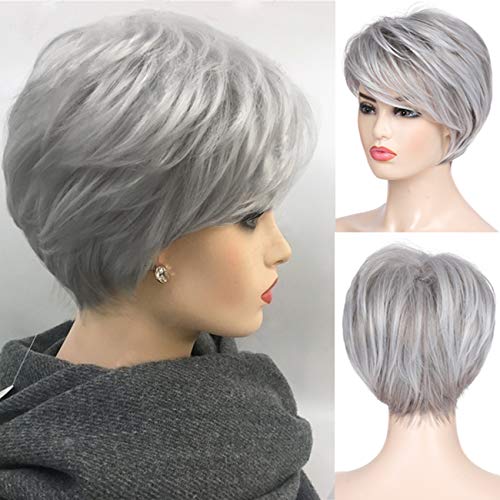 Baruisi Short Grey Wigs for Women Pixie Layered Wig with Bangs Synthetic Hair Wigs Cosplay Halloween Daily Wig